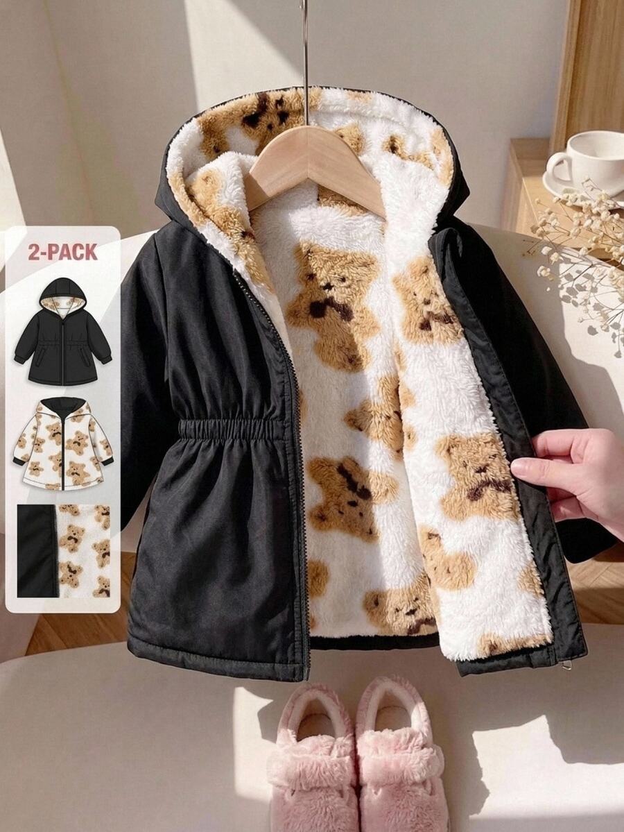 SHEIN Baby Girl Cute Bear Pattern Faux Fur Winter Jacket Reversible - Multicolor - View 1
