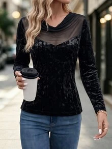 LUMIGAL Women's Comfortable Casual Textured Fabric Contrast Mesh Draped Round Neck Long Sleeve T-Shirt, Autumn - Black - View 5