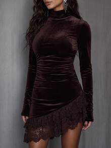 LUMIGAL Women's Velvet Fitted Bodycon Dress With Lace Hem And Asymmetrical Skirt - Chocolate Brown - View 5