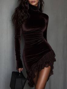 LUMIGAL Women's Velvet Fitted Bodycon Dress With Lace Hem And Asymmetrical Skirt - Chocolate Brown - View 4
