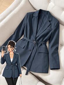 Elenzga Plus Size Women's Solid Color Blazer With Lapel, 2-Button Closure, Adjustable Waist Belt, Mid-Length Cinched Waist, H-Line Slightly Loose Fit, Suitable For Autumn/Winter Office Commute And Business Travel - Grey - View 5