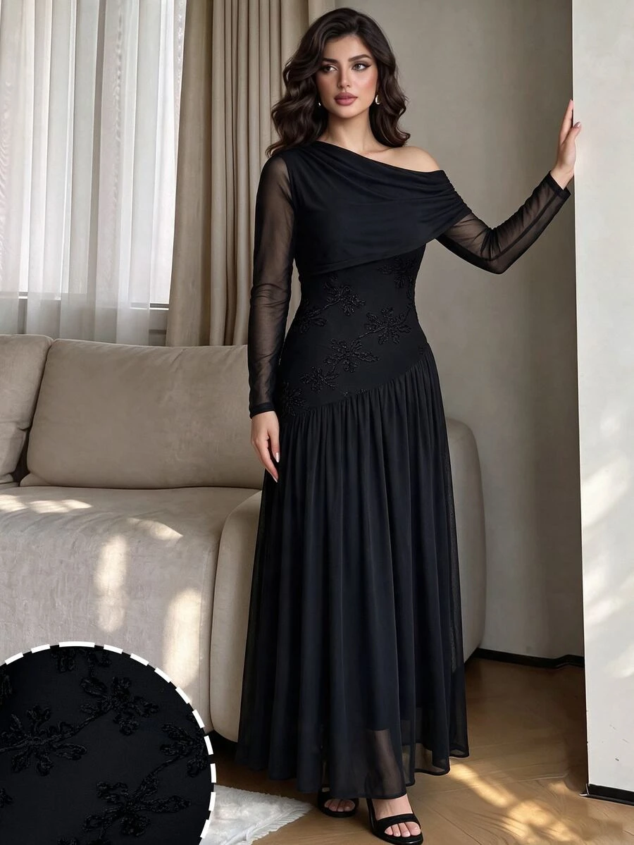 Modelyn Women's Asymmetric Shoulder Long Sleeve Ruched Waist Design Embroidered Mesh High Elastic Pleated Elegant Party Plus Size Dress - Black - View 1
