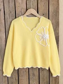 SHEIN 1件青少年女孩毛衣，極簡溫柔風，奶油黃波浪對比飾邊，小V領，白色3D花朵裝飾，落肩長袖套頭衫，適中厚度，整齊下擺，緊口袖口，亮色，觸感光滑，適合日常穿著、學校、外出、派對、街頭風，秋冬 - 黃色 - 查看 11