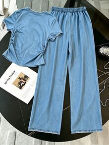 Resyla Women's Solid Color Round Neck Pleated Short Sleeve Top And Drawstring Waist Long Pants Casual Daily 2-Piece Set - Multicolor - View 2