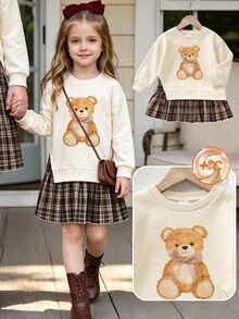 1 Set Sweatshirt Motif Beruang Teddy Gaya Musim Gugur & Rok Lipit Kotak-Kotak untuk Anak Perempuan, Lucu dan Manis Tema Autumn - MultiWarna - View 5