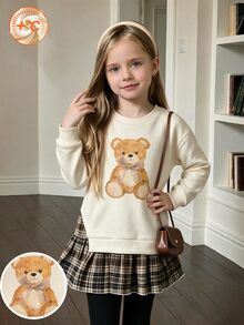 1 Set Sweatshirt Motif Beruang Teddy Gaya Musim Gugur & Rok Lipit Kotak-Kotak untuk Anak Perempuan, Lucu dan Manis Tema Autumn - MultiWarna - View 6