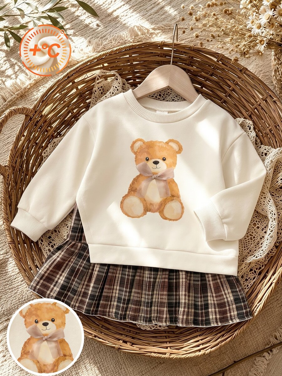 1 Set Sweatshirt Motif Beruang Teddy Gaya Musim Gugur & Rok Lipit Kotak-Kotak untuk Anak Perempuan, Lucu dan Manis Tema Autumn - MultiWarna - View 1