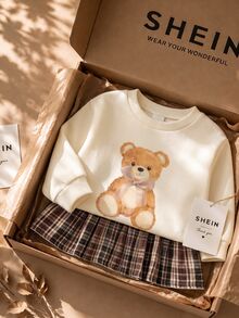 1 Set Sweatshirt Motif Beruang Teddy Gaya Musim Gugur & Rok Lipit Kotak-Kotak untuk Anak Perempuan, Lucu dan Manis Tema Autumn - MultiWarna - View 7