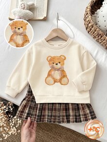 1 Set Sweatshirt Motif Beruang Teddy Gaya Musim Gugur & Rok Lipit Kotak-Kotak untuk Anak Perempuan, Lucu dan Manis Tema Autumn - MultiWarna - View 3