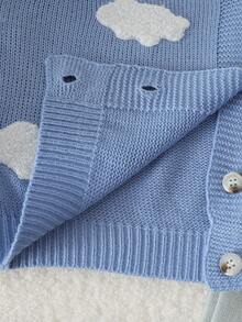 SHEIN Girls 8-13 Size Light Blue V-Neck Ribbed Knit Cardigan With White Cloud 3D Towel Embroidery, Single-Breasted, Dropped Shoulder, Loose Short Knit Sweater, Student Spring/Autumn Layering Outerwear - Blue - View 6