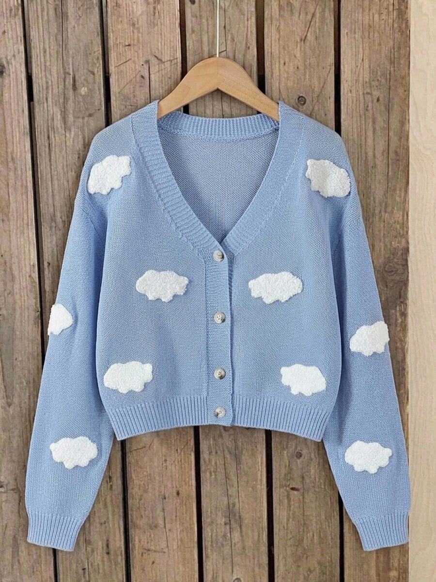 SHEIN Girls 8-13 Size Light Blue V-Neck Ribbed Knit Cardigan With White Cloud 3D Towel Embroidery, Single-Breasted, Dropped Shoulder, Loose Short Knit Sweater, Student Spring/Autumn Layering Outerwear - Blue - View 1