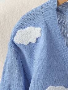 SHEIN Girls 8-13 Size Light Blue V-Neck Ribbed Knit Cardigan With White Cloud 3D Towel Embroidery, Single-Breasted, Dropped Shoulder, Loose Short Knit Sweater, Student Spring/Autumn Layering Outerwear - Blue - View 9