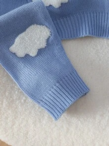 SHEIN Girls 8-13 Size Light Blue V-Neck Ribbed Knit Cardigan With White Cloud 3D Towel Embroidery, Single-Breasted, Dropped Shoulder, Loose Short Knit Sweater, Student Spring/Autumn Layering Outerwear - Blue - View 5