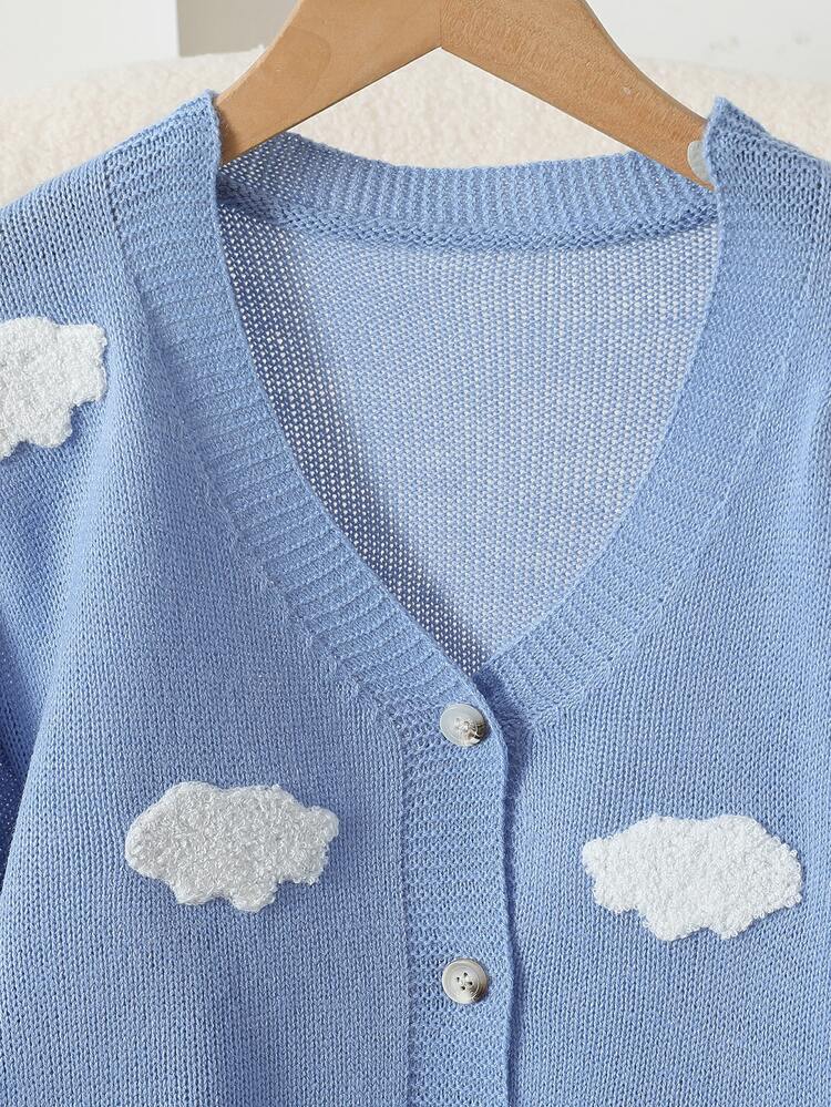 SHEIN Girls 8-13 Size Light Blue V-Neck Ribbed Knit Cardigan With White Cloud 3D Towel Embroidery, Single-Breasted, Dropped Shoulder, Loose Short Knit Sweater, Student Spring/Autumn Layering Outerwear - Blue - View 8