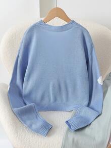 SHEIN Girls 8-13 Size Light Blue V-Neck Ribbed Knit Cardigan With White Cloud 3D Towel Embroidery, Single-Breasted, Dropped Shoulder, Loose Short Knit Sweater, Student Spring/Autumn Layering Outerwear - Blue - View 2