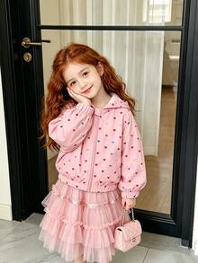 SHEIN Elladie kids 女童粉色愛心印花連帽拉鍊外套，柔軟輕便，萬聖節與感恩節適用，校園與家庭派對外穿外套 - 粉色 - 查看 3