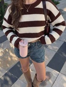 Tween Girls Long Sleeve Sweater, Earth Tone Round Neck Pullover Striped, Suitable For Spring And Autumn, Pairs With Jeans, Jackets And Padded Coats - Multicolor - View 1