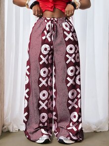 Zolique 女款白色腰帶寬腿寬鬆長褲，適合度假、秋季休閒早午餐穿著 - 酒紅色 - 查看 2