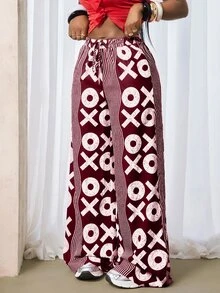 Zolique 女款白色腰帶寬腿寬鬆長褲，適合度假、秋季休閒早午餐穿著 - 酒紅色 - 查看 6