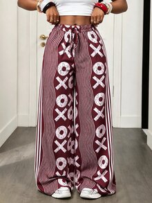 Zolique 女款白色腰帶寬腿寬鬆長褲，適合度假、秋季休閒早午餐穿著 - 酒紅色 - 查看 3