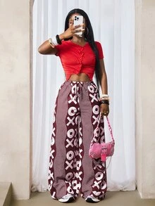 Zolique 女款白色腰帶寬腿寬鬆長褲，適合度假、秋季休閒早午餐穿著 - 酒紅色 - 查看 10