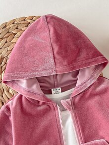 SHEIN 女嬰針織純色天鵝絨水鑽連帽衛衣與天鵝絨休閒喇叭褲2件套，聖誕節，秋季新款 - 彩色 - 查看 5