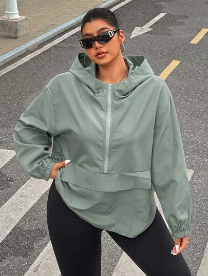 Muchica Plus Size Women's Solid Color Hooded Casual Versatile Daily Wear Long Sleeve Jacket Fall