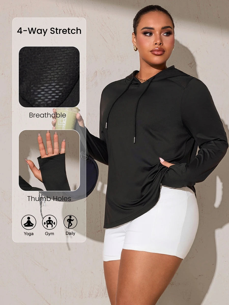 Rhythm Era Sweatshirt Lengan Panjang Berkerudung Kasual Wanita Ukuran Besar untuk Musim Gugur - Hitam - View 1
