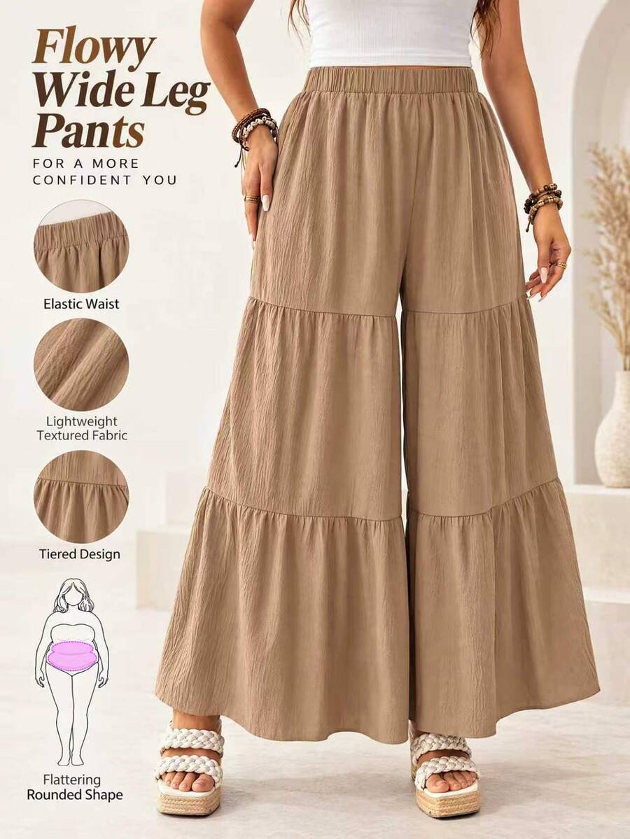 Ceyna Plus Size Women's Solid Color Casual Versatile Wide Leg Pants For Daily Wear - Khaki - View 1