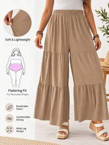 Ceyna Plus Size Women's Solid Color Casual Versatile Wide Leg Pants For Daily Wear - Khaki - View 3