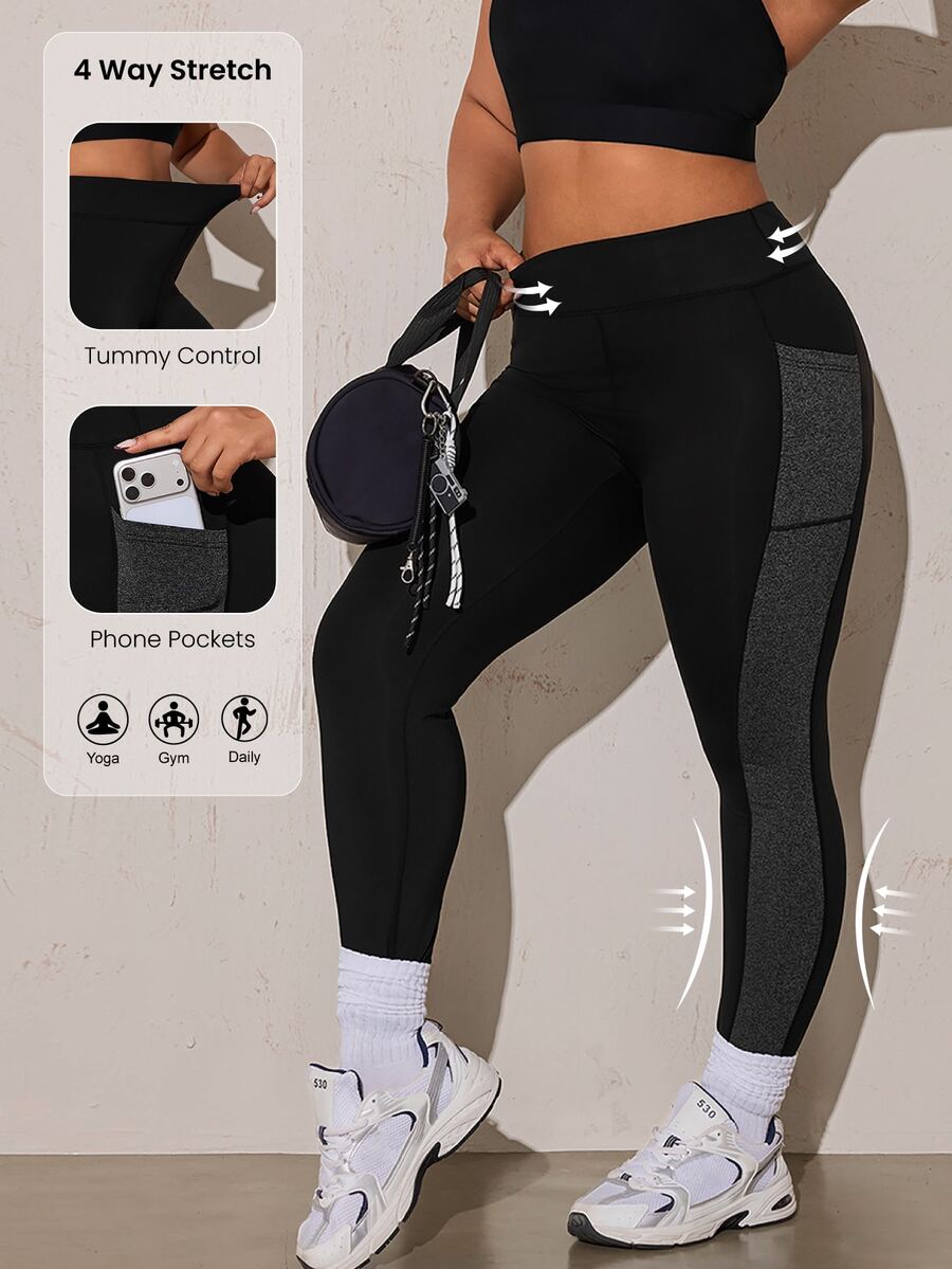 Rhythm Era Plus Size Colorblock Patchwork Yoga Leggings - Black - View 1