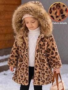 SHEIN Baby Girl Autumn/Winter Cute Leopard Print Hooded Faux Fur Jacket - Multicolor - View 6