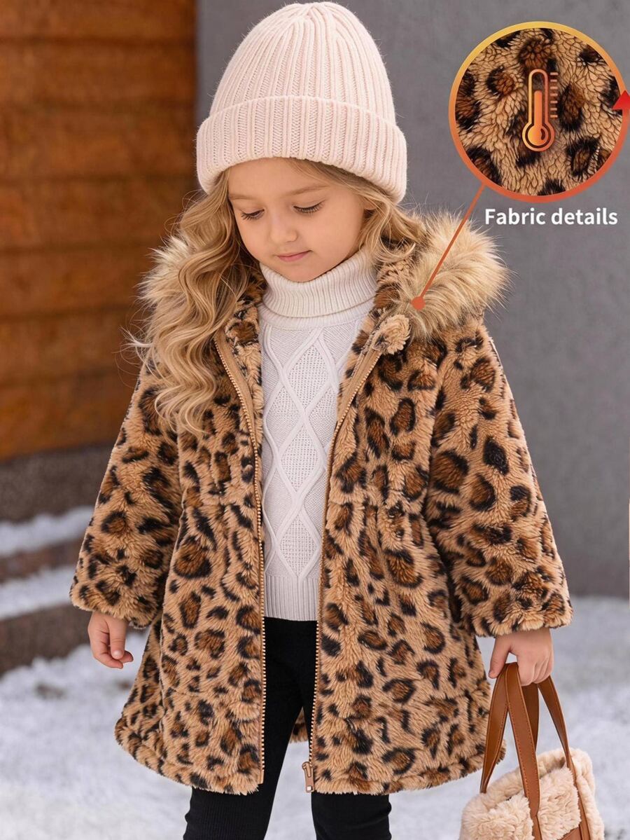 SHEIN Baby Girl Autumn/Winter Cute Leopard Print Hooded Faux Fur Jacket - Multicolor - View 1