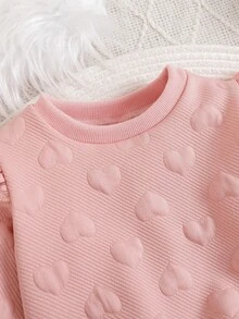 SHEIN Souflis 2pcs Toddler Baby Girl Sweatshirt Flare Pants Sweet Pink Heart Embossed Ruffle Long Sleeve Round Neck Regular Party Fall Pull Waffle Knit - Pink - View 8