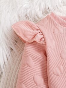 SHEIN Souflis 2pcs Toddler Baby Girl Sweatshirt Flare Pants Sweet Pink Heart Embossed Ruffle Long Sleeve Round Neck Regular Party Fall Pull Waffle Knit - Pink - View 5