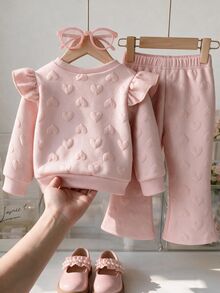 SHEIN Souflis 2pcs Toddler Baby Girl Sweatshirt Flare Pants Sweet Pink Heart Embossed Ruffle Long Sleeve Round Neck Regular Party Fall Pull Waffle Knit - Pink - View 2