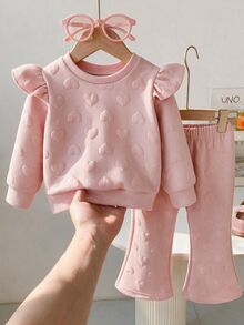 SHEIN Souflis 2pcs Toddler Baby Girl Sweatshirt Flare Pants Sweet Pink Heart Embossed Ruffle Long Sleeve Round Neck Regular Party Fall Pull Waffle Knit - Pink - View 1