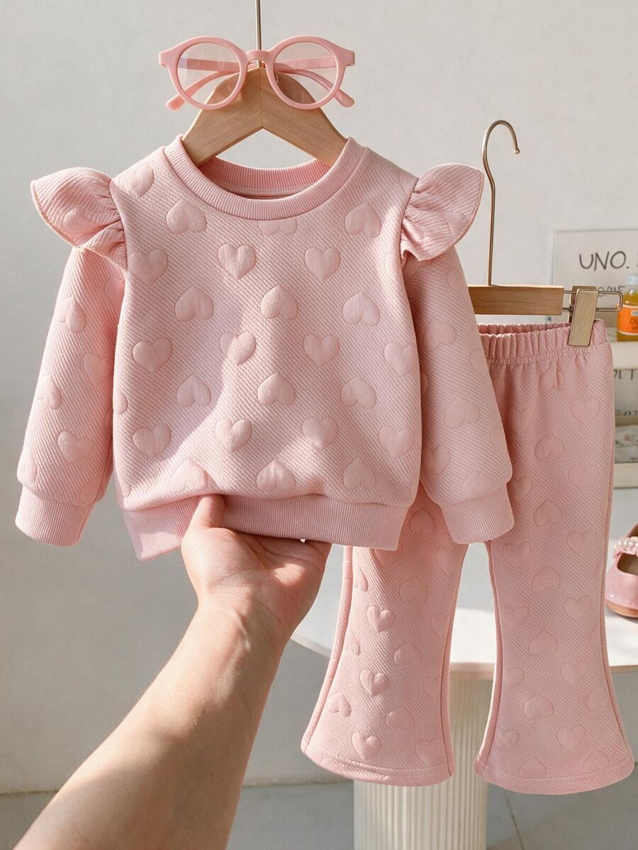SHEIN Souflis 2pcs Toddler Baby Girl Sweatshirt Flare Pants Sweet Pink Heart Embossed Ruffle Long Sleeve Round Neck Regular Party Fall Pull Waffle Knit - Pink - View 1