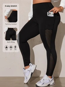Rhythm Era Plus Size Striped Patchwork Yoga Sports Leggings - Black - View 1
