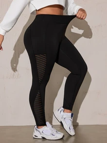 Rhythm Era Plus Size Striped Patchwork Yoga Sports Leggings - Black - View 5