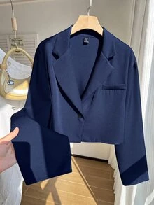 Comfortcana Plus Size Women Solid Color Casual Commute Travel Blazer Jacket Fall - Navy Blue - View 14