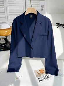 Comfortcana Plus Size Women Solid Color Casual Commute Travel Blazer Jacket Fall - Navy Blue - View 9