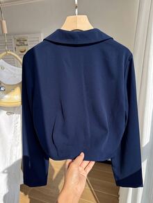 Comfortcana Plus Size Women Solid Color Casual Commute Travel Blazer Jacket Fall - Navy Blue - View 4