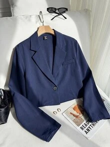 Comfortcana Plus Size Women Solid Color Casual Commute Travel Blazer Jacket Fall - Navy Blue - View 6