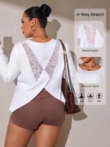 Easithlete Plus Size Women's Back Patchwork Geometric Mesh Long Sleeve Crew Neck Sweatshirt Fall - White - View 1