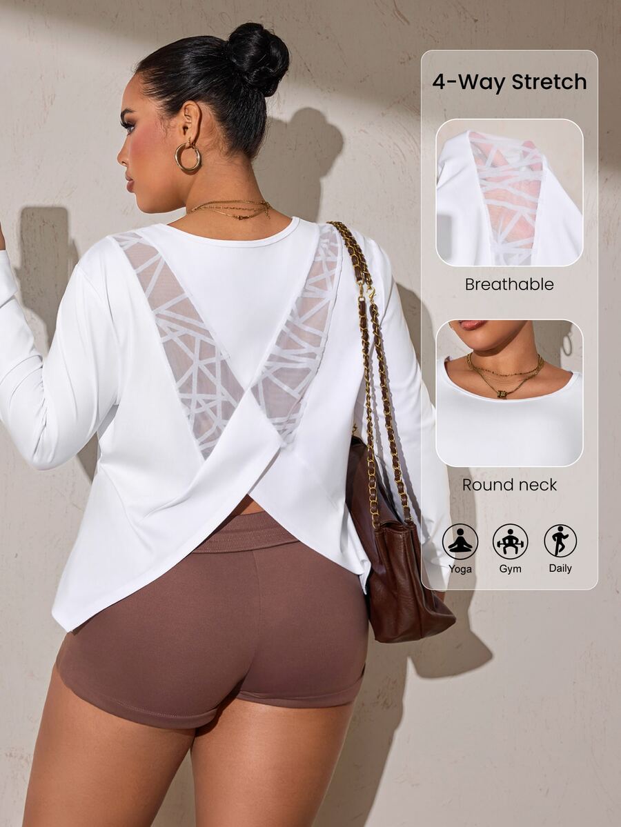 Easithlete Plus Size Women's Back Patchwork Geometric Mesh Long Sleeve Crew Neck Sweatshirt Fall - White - View 1