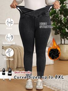 SHEIN CURVE+ Plus Size Women's Casual Stretch Overlap Waist Denim Jeans - Blue - View 8