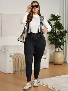 SHEIN CURVE+ Plus Size Women's Casual Stretch Overlap Waist Denim Jeans - Blue - View 6