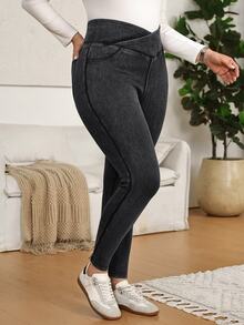 SHEIN CURVE+ Plus Size Women's Casual Stretch Overlap Waist Denim Jeans - Blue - View 3
