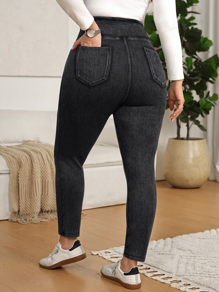 SHEIN CURVE+ 大尺碼女款休閒彈性疊腰牛仔褲 - 藍色 - 查看 2